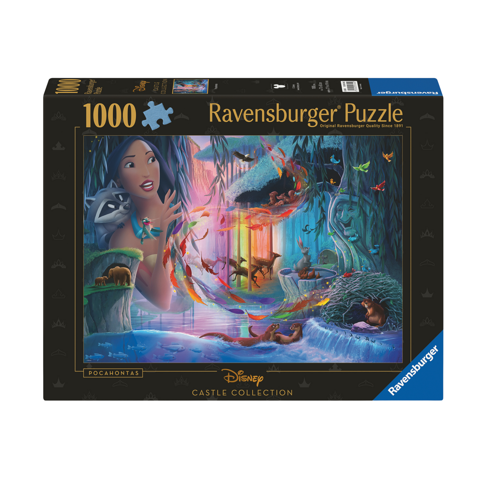 Disney Slott Pocahontas 1000 brikker Ravensburger puslespill eske med Pocahontas og dyr motiv