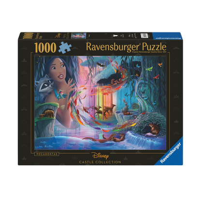 Disney Slott Pocahontas 1000 brikker Ravensburger puslespill eske med Pocahontas og dyr motiv