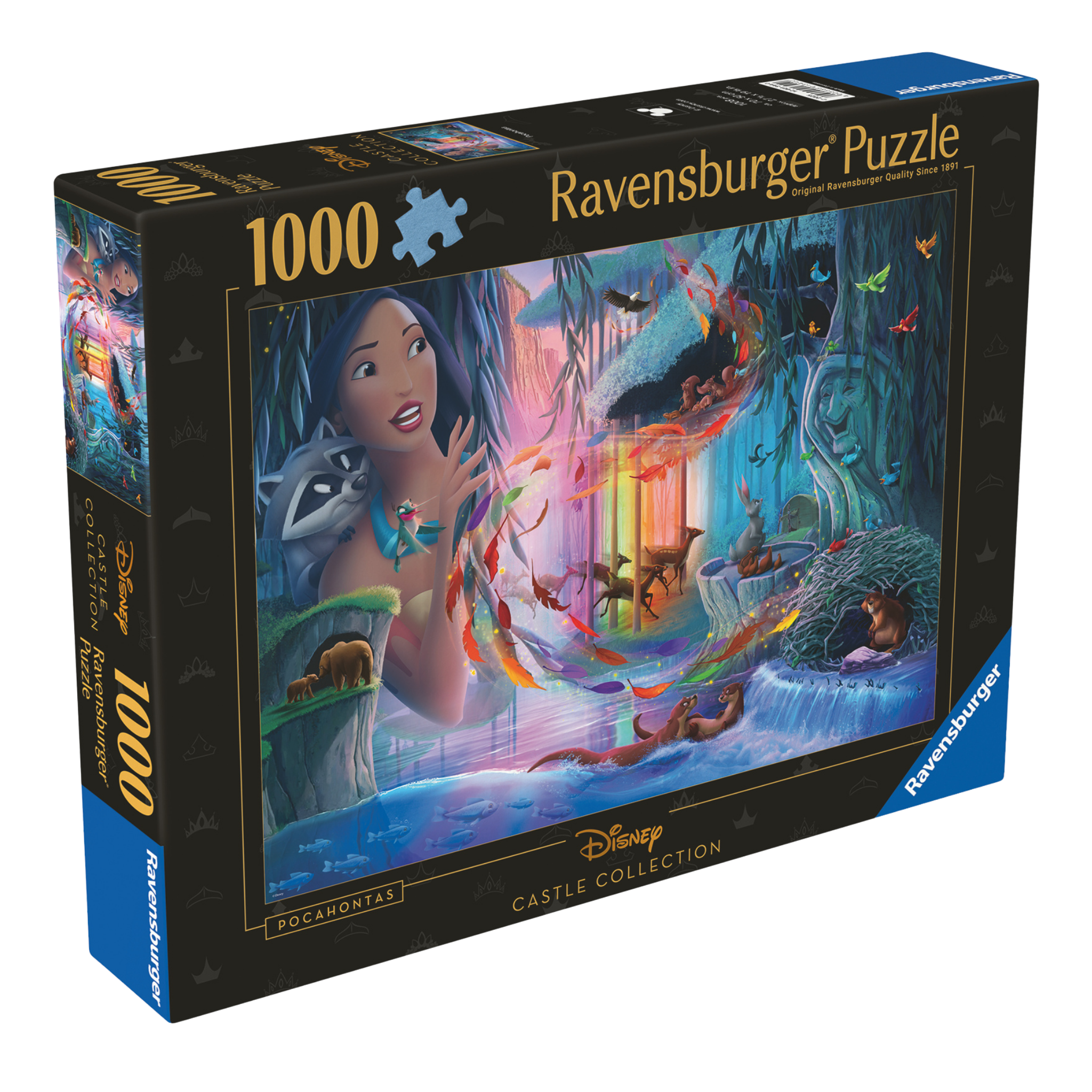 Disney Slott Pocahontas 1000 brikker Ravensburger puslespill eske med Pocahontas og dyr motiv