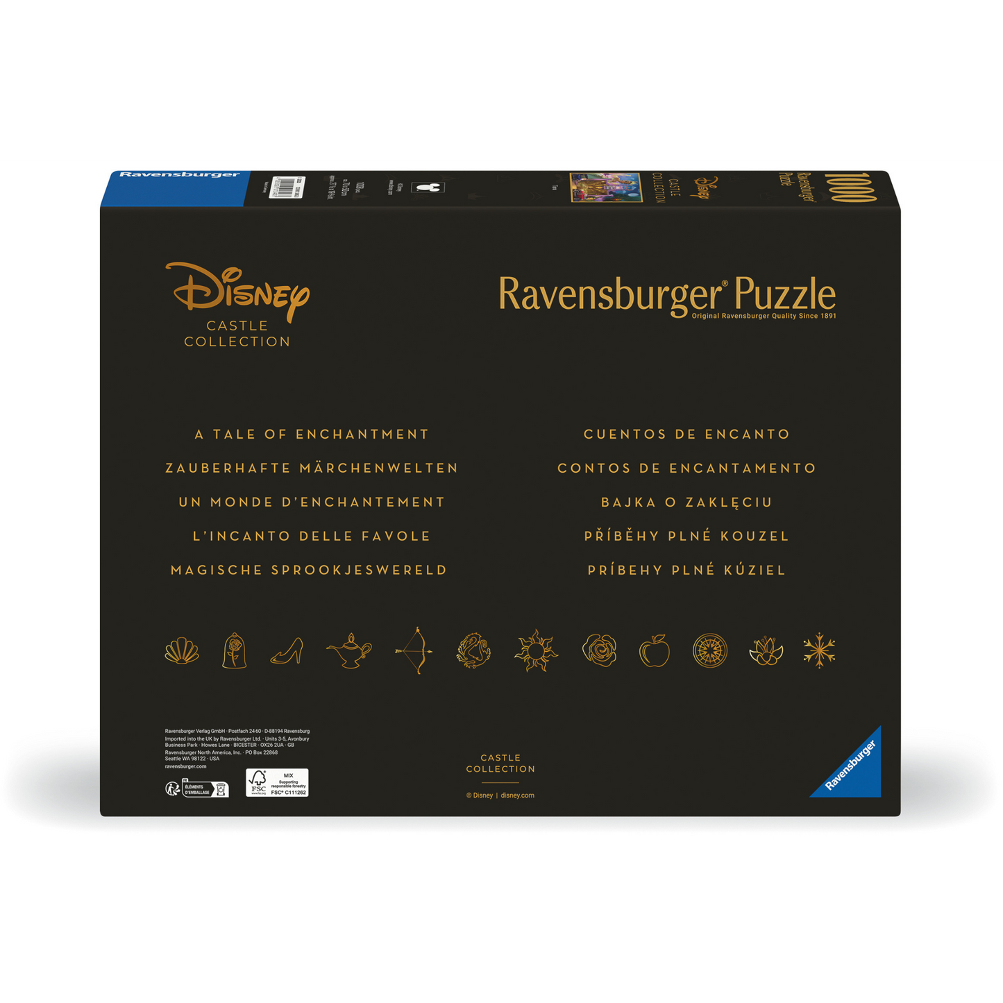 Disney-slott Tiana 1000 brikker Ravensburger puslespill bakside eske