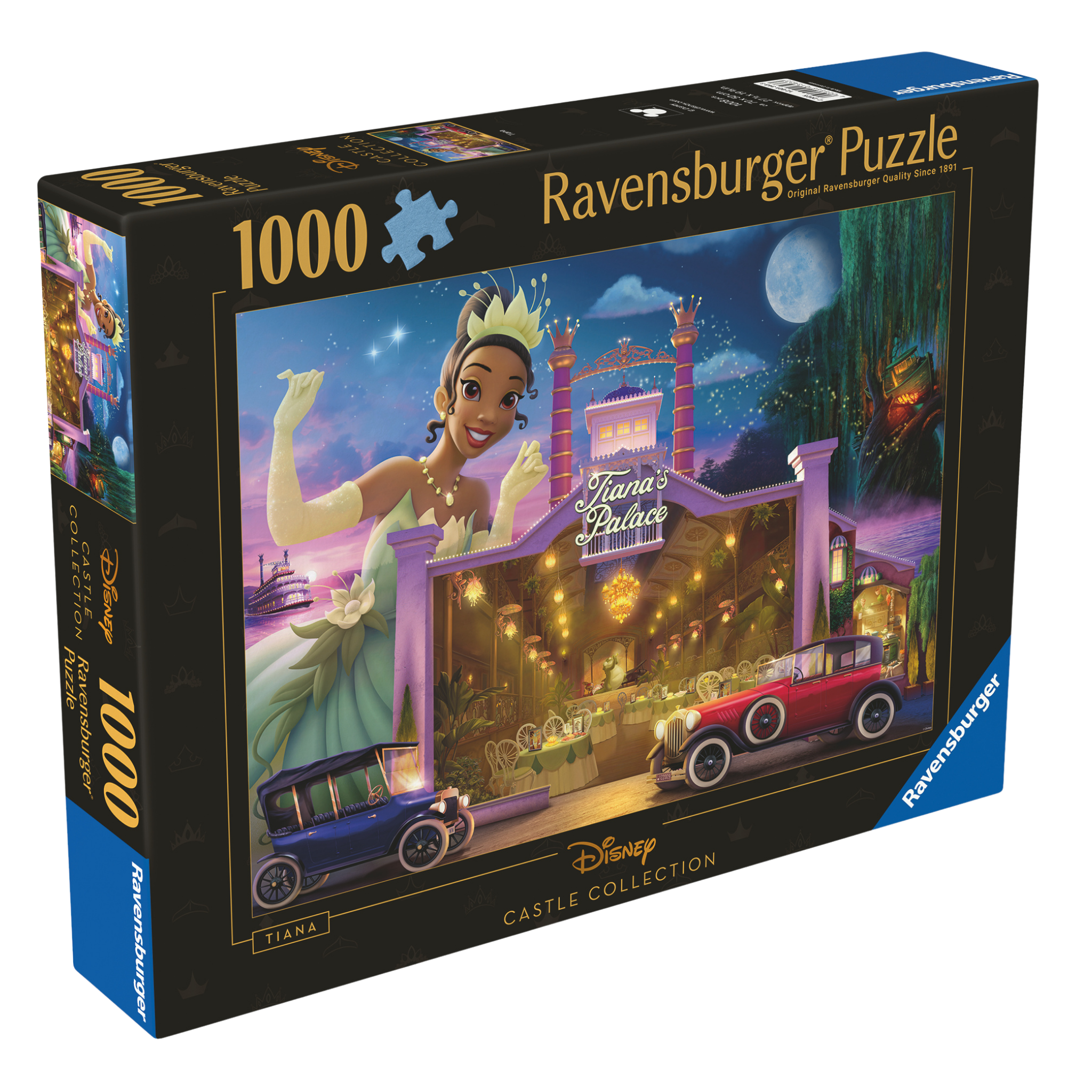 Disney-slott Tiana 1000 brikker Ravensburger puslespill eske med Tiana og dampbåt motiv