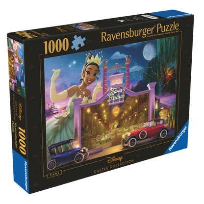Disney-slott Tiana 1000 brikker Ravensburger puslespill eske med Tiana og dampbåt motiv