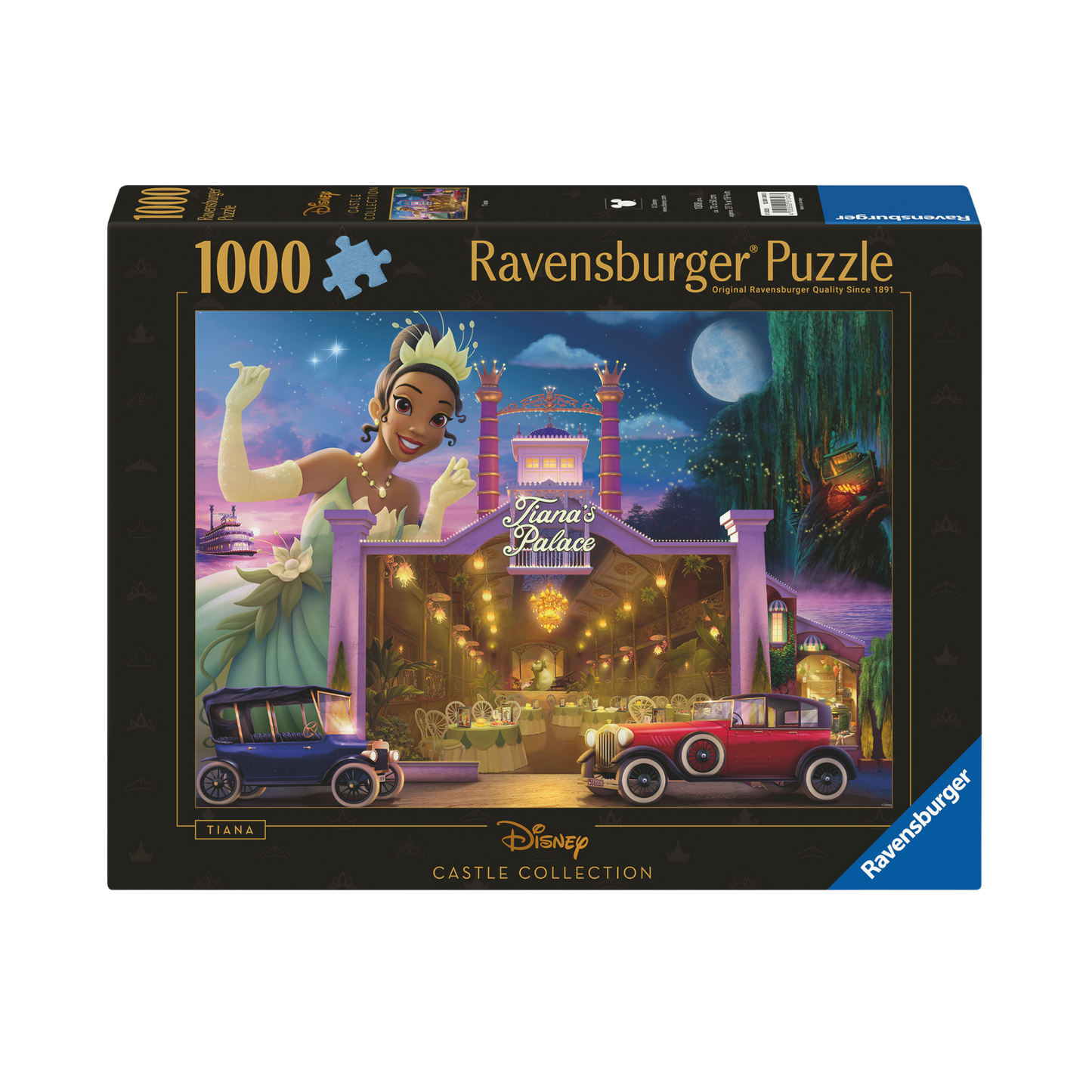 Disney-slott Tiana 1000 brikker Ravensburger puslespill eske med Tiana og dampbåt motiv