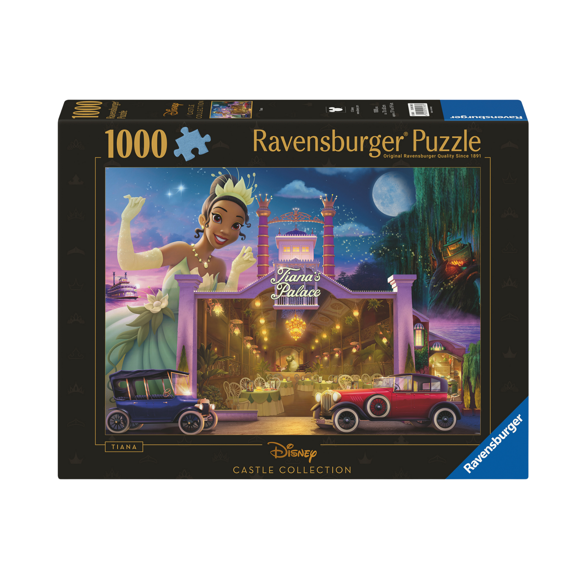 Disney-slott Tiana 1000 brikker Ravensburger puslespill eske med Tiana og dampbåt motiv