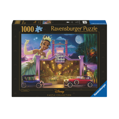 Disney-slott Tiana 1000 brikker Ravensburger puslespill eske med Tiana og dampbåt motiv