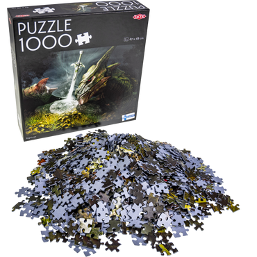 Tactic puslespill 1000 brikker - Rød drage vokter magisk sverd i stein puslespilleske med brikkene liggende i en haug foran