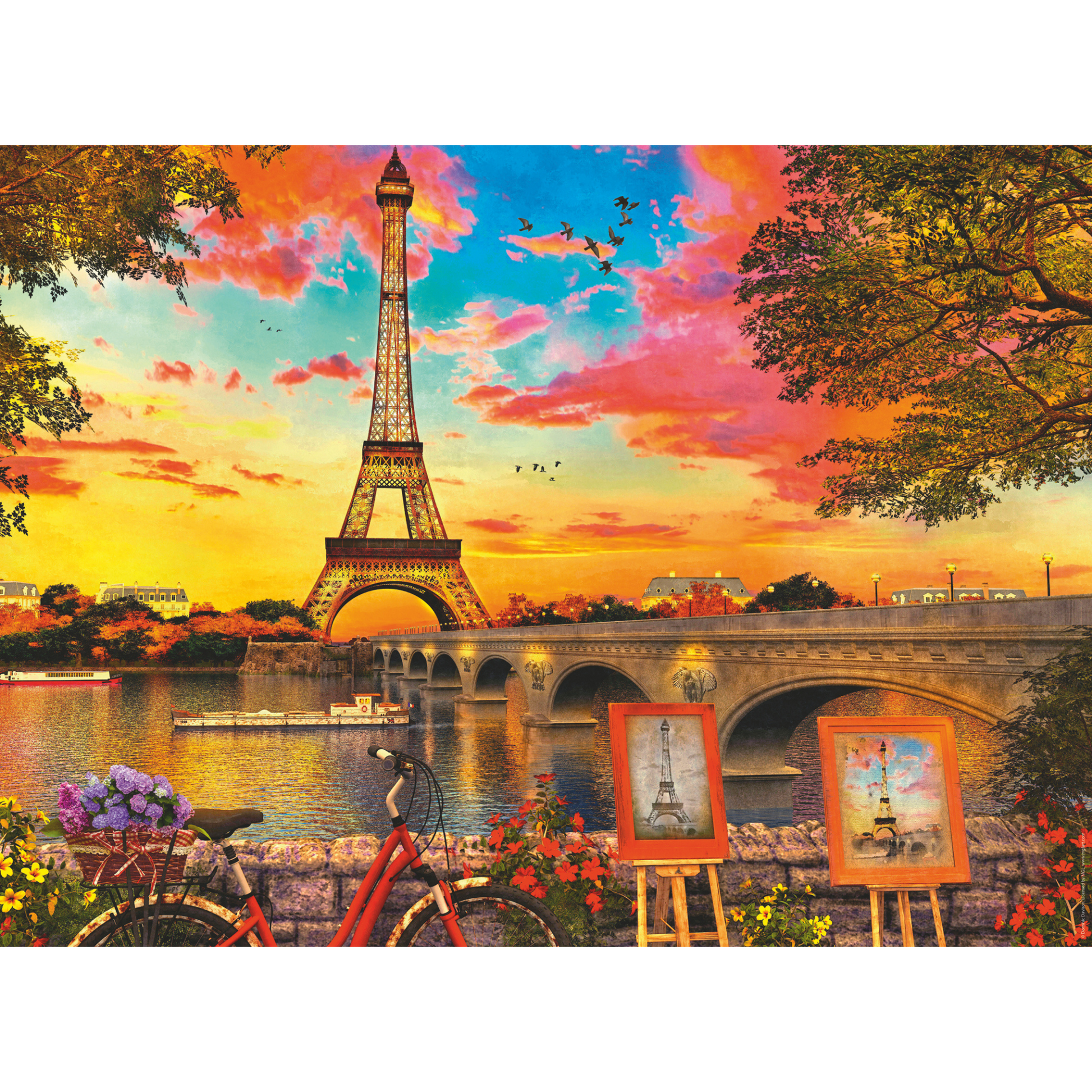 Paris kveld illustrasjon med Eiffeltårnet, bro, fargerik himmel og romantisk atmosfære