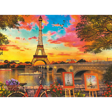 Paris kveld illustrasjon med Eiffeltårnet, bro, fargerik himmel og romantisk atmosfære