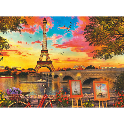 Paris kveld illustrasjon med Eiffeltårnet, bro, fargerik himmel og romantisk atmosfære