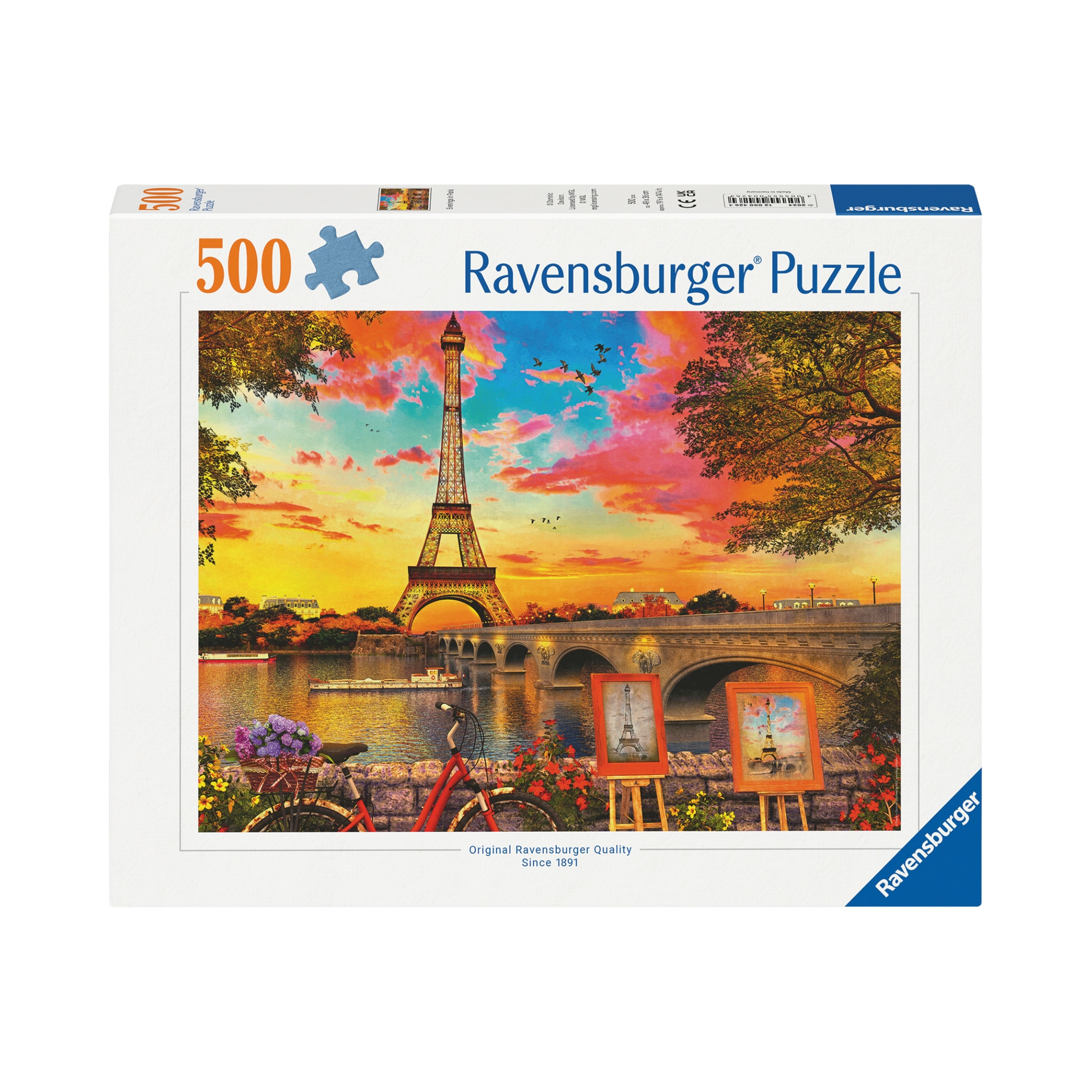 En Kveld i Paris 500 brikker Ravensburger puslespill eske med Eiffeltårnet og solnedgang motiv