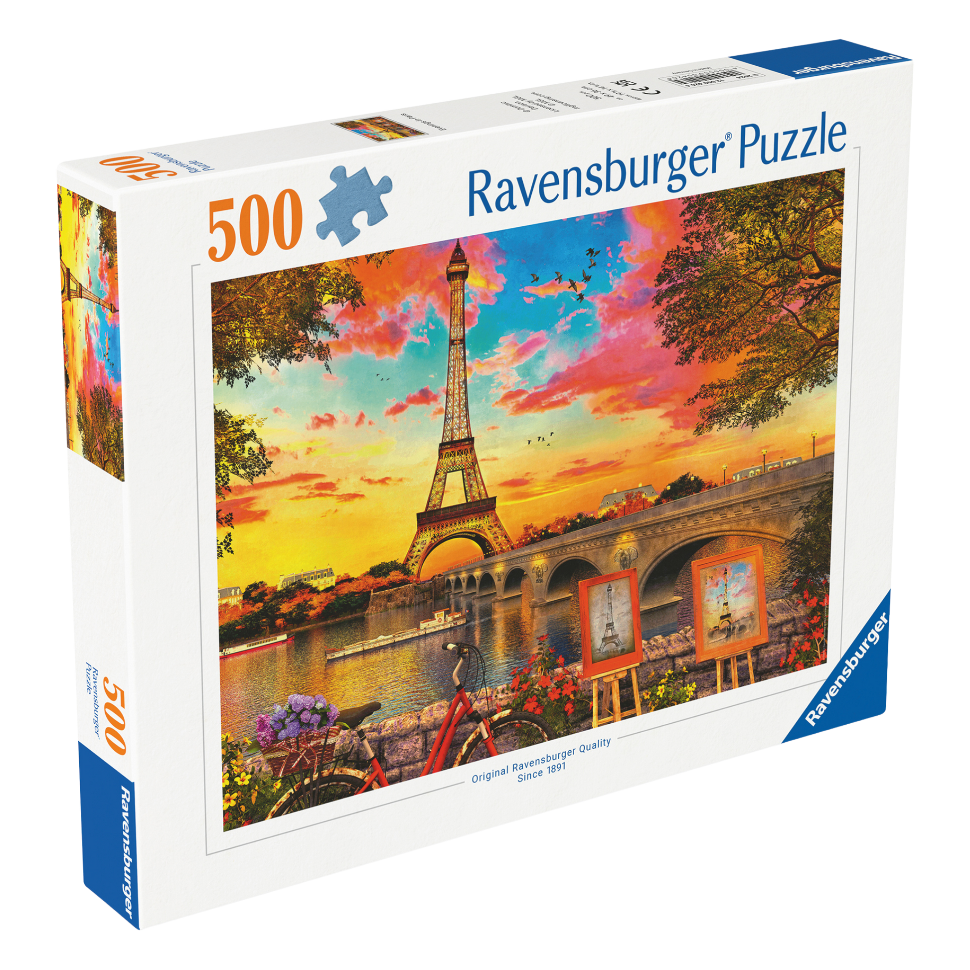 En Kveld i Paris 500 brikker Ravensburger puslespill eske med Eiffeltårnet og solnedgang motiv
