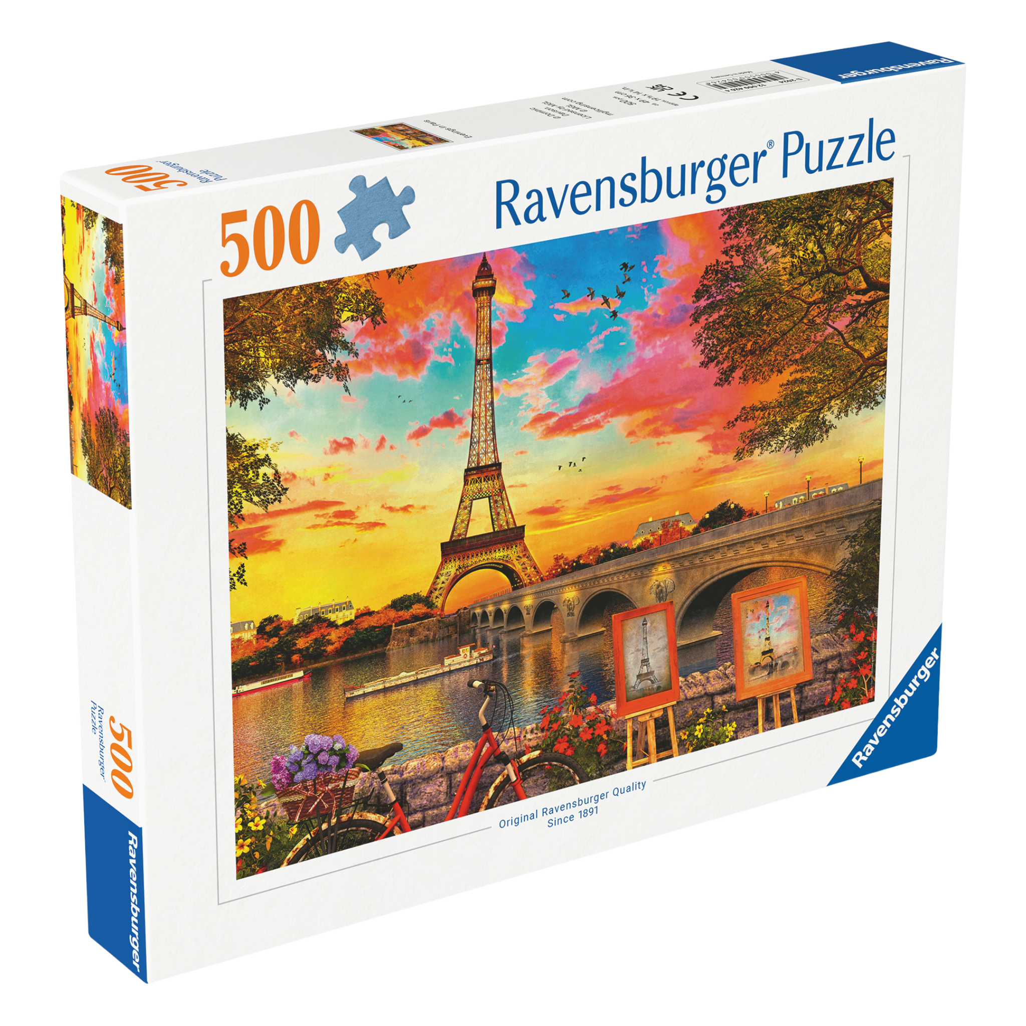 En Kveld i Paris 500 brikker Ravensburger puslespill eske med Eiffeltårnet og solnedgang motiv