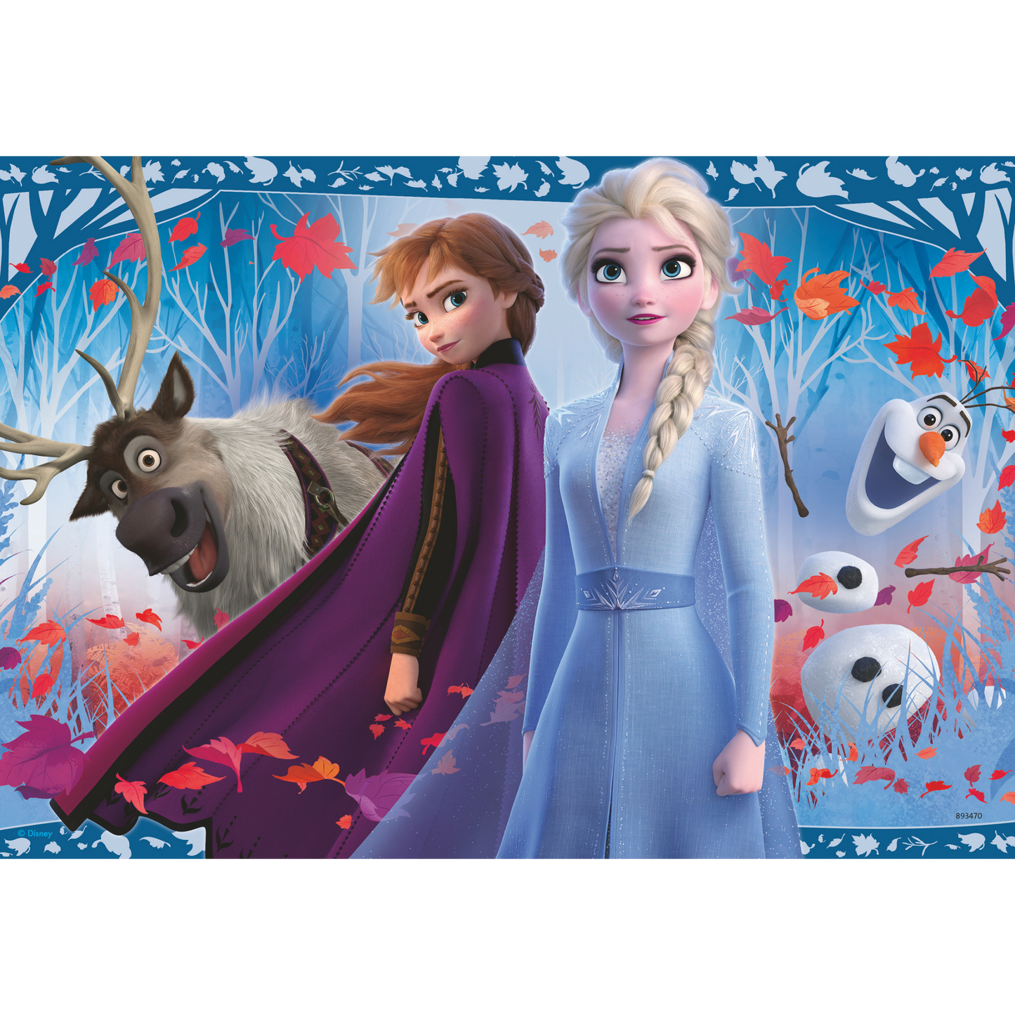 Anna, Elsa og Sven i magisk skog med fargerike høstløv og snøflak
