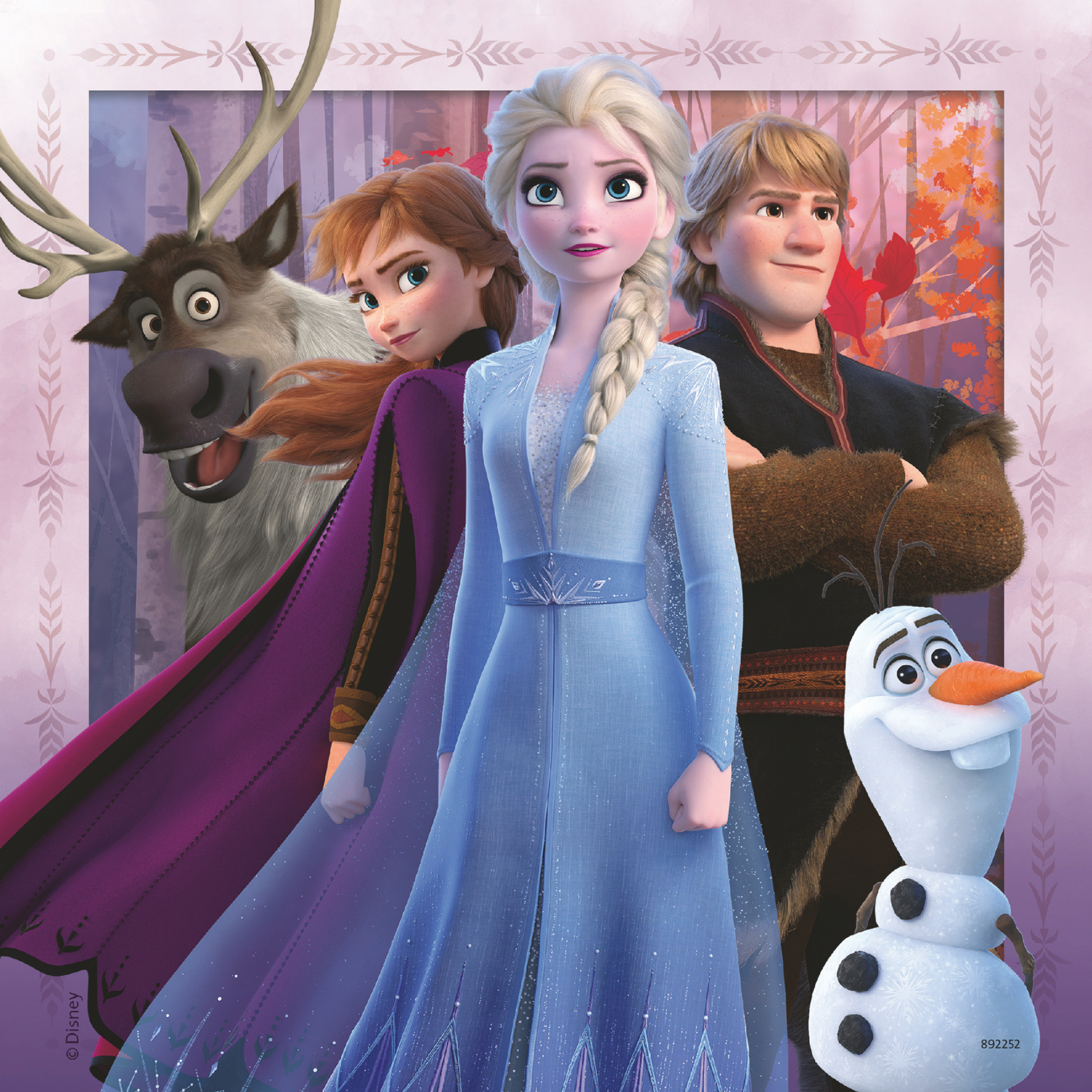 Anna, Elsa, Kristoff, Sven og Olaf samlet i vinterlandskap