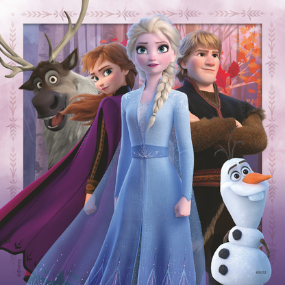 Anna, Elsa, Kristoff, Sven og Olaf samlet i vinterlandskap
