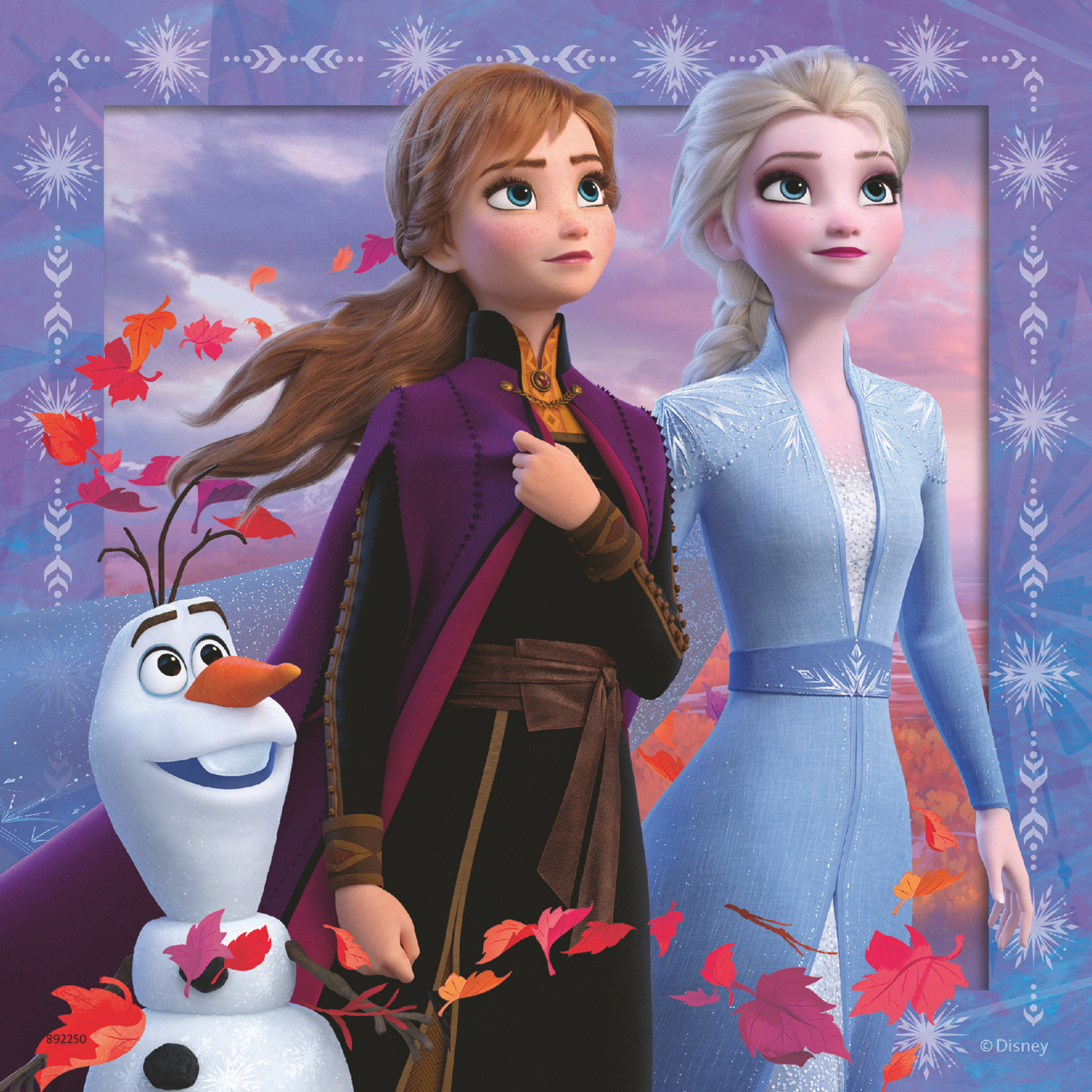 Anna og Elsa i høstskog med fargerike løvblader og Olaf