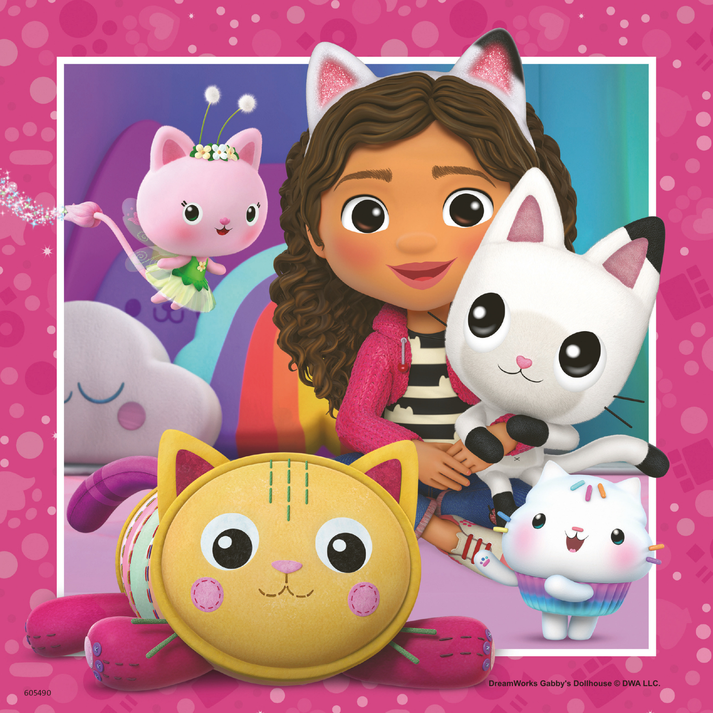 Gabby med gule og hvite katter i lilla og rosa scene