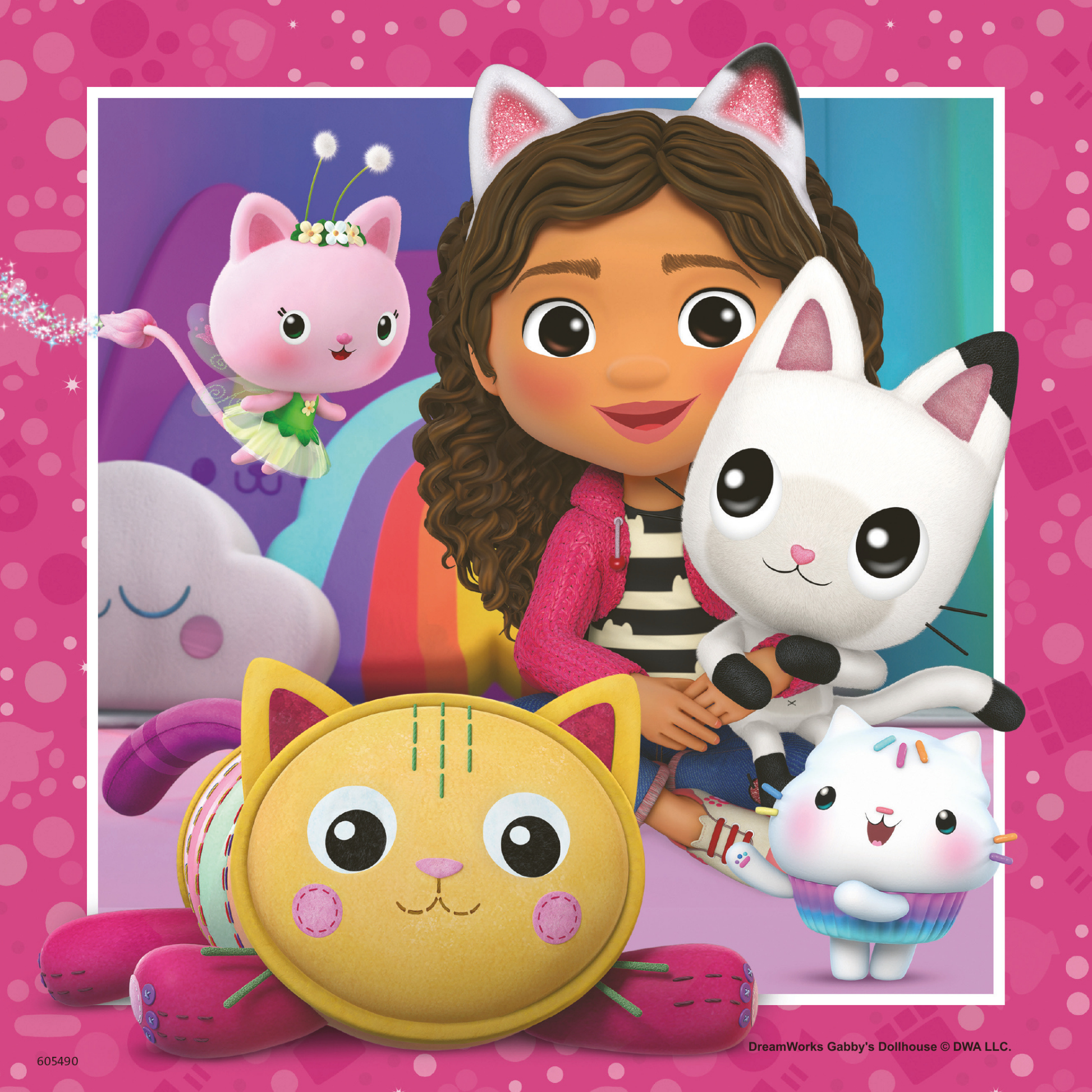 Gabby med gule og hvite katter i lilla og rosa scene