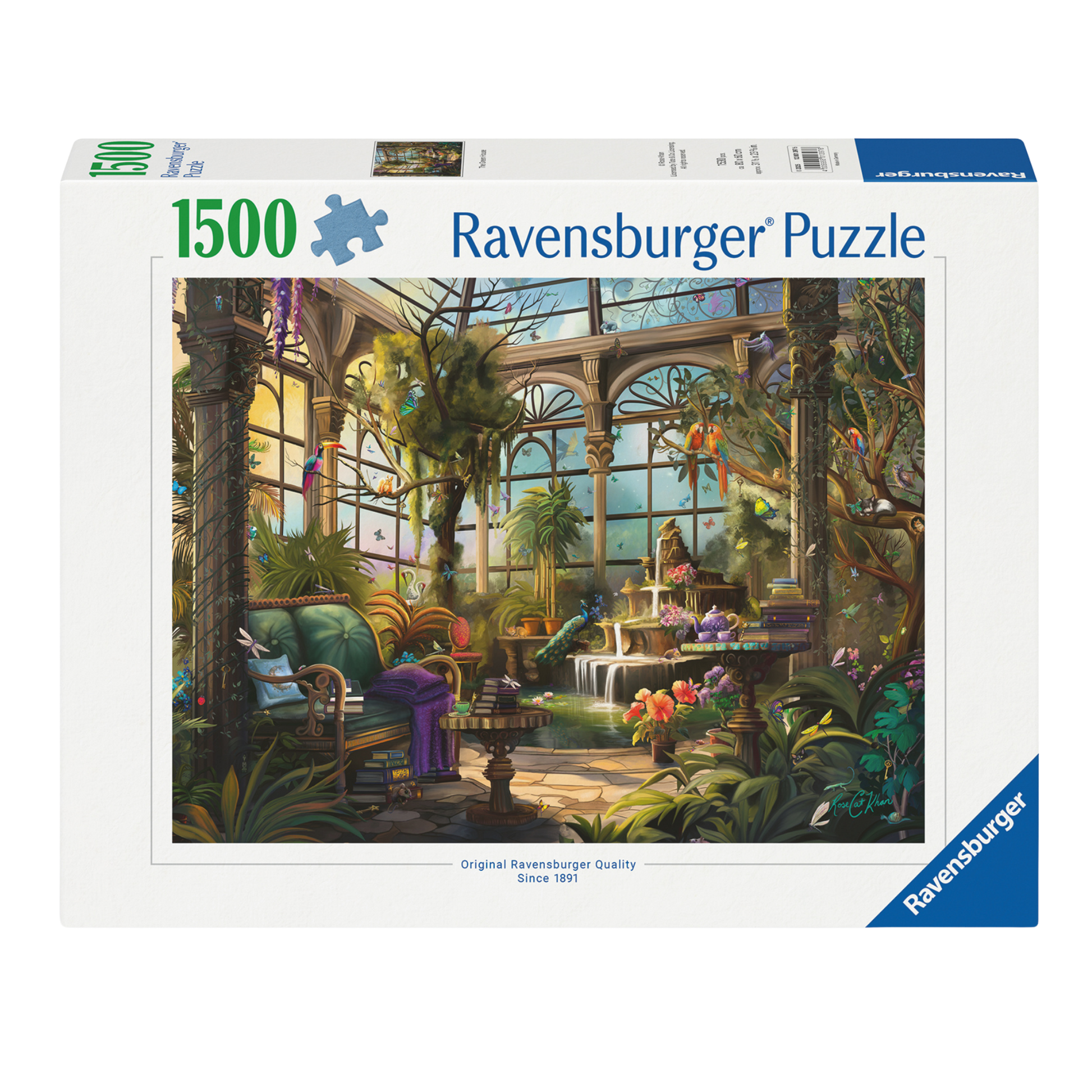 Grønne Huset 1500 brikker Ravensburger puslespill eske med drivhus og planter motiv
