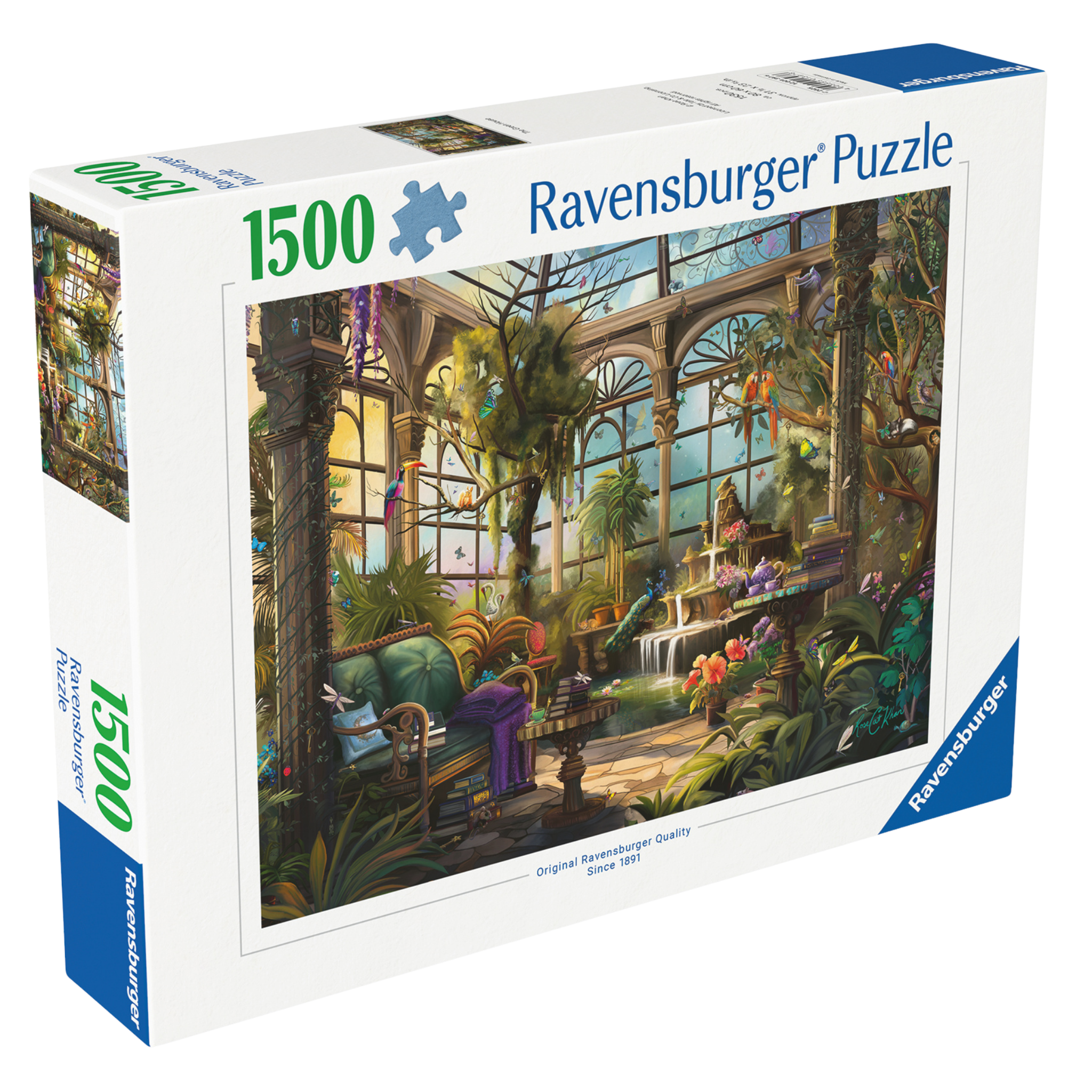 Grønne Huset 1500 brikker Ravensburger puslespill eske med drivhus og planter motiv
