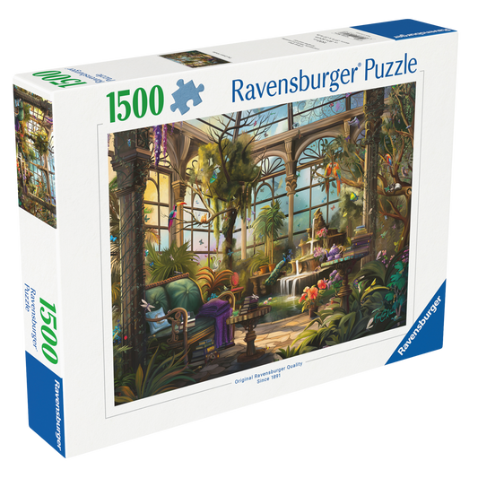 Grønne Huset 1500 brikker Ravensburger puslespill eske med drivhus og planter motiv