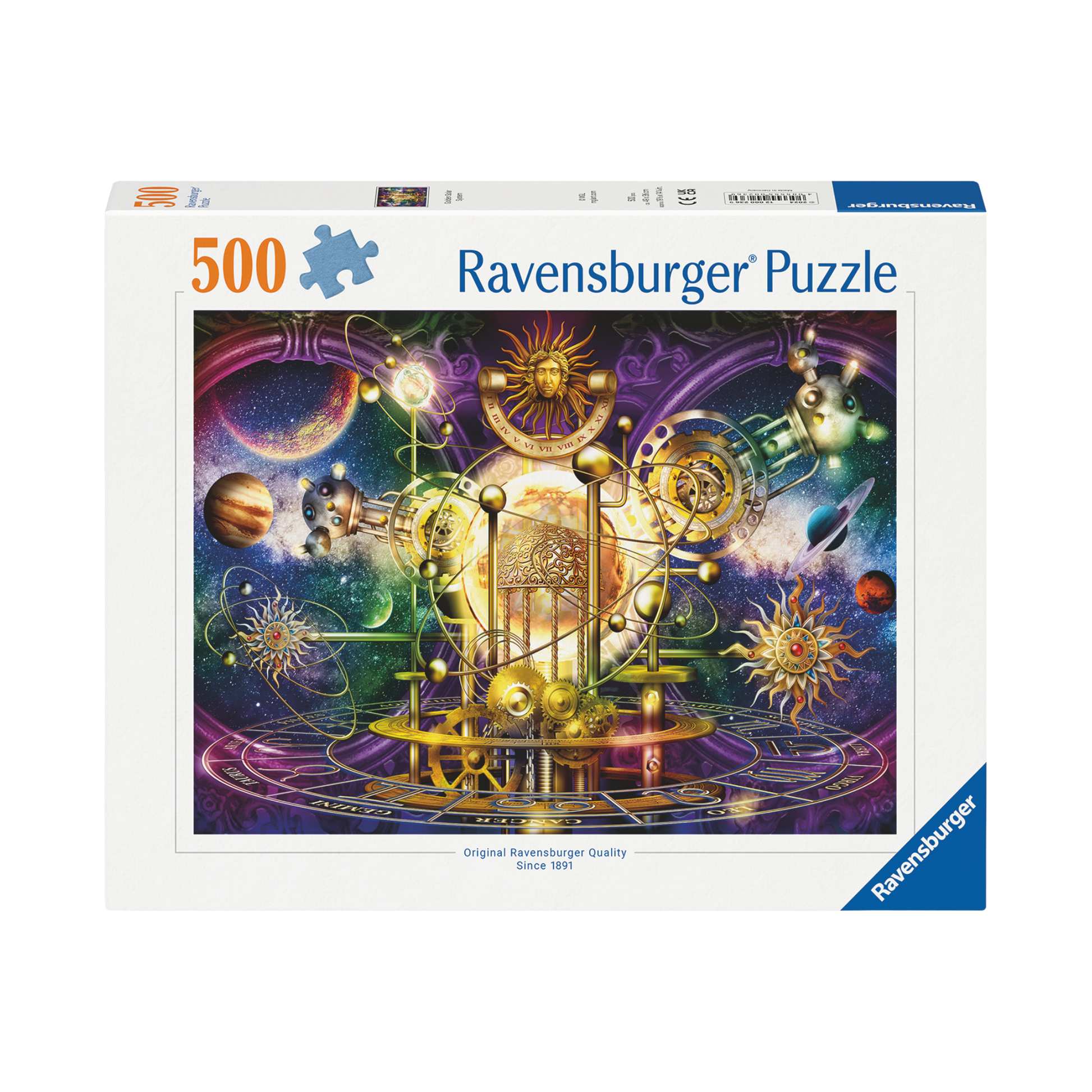 Gyllent Solsystem 500 brikker Ravensburger puslespill eske med gyllen astronomisk maskin motiv