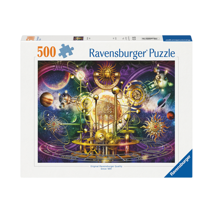 Gyllent Solsystem 500 brikker Ravensburger puslespill eske med gyllen astronomisk maskin motiv