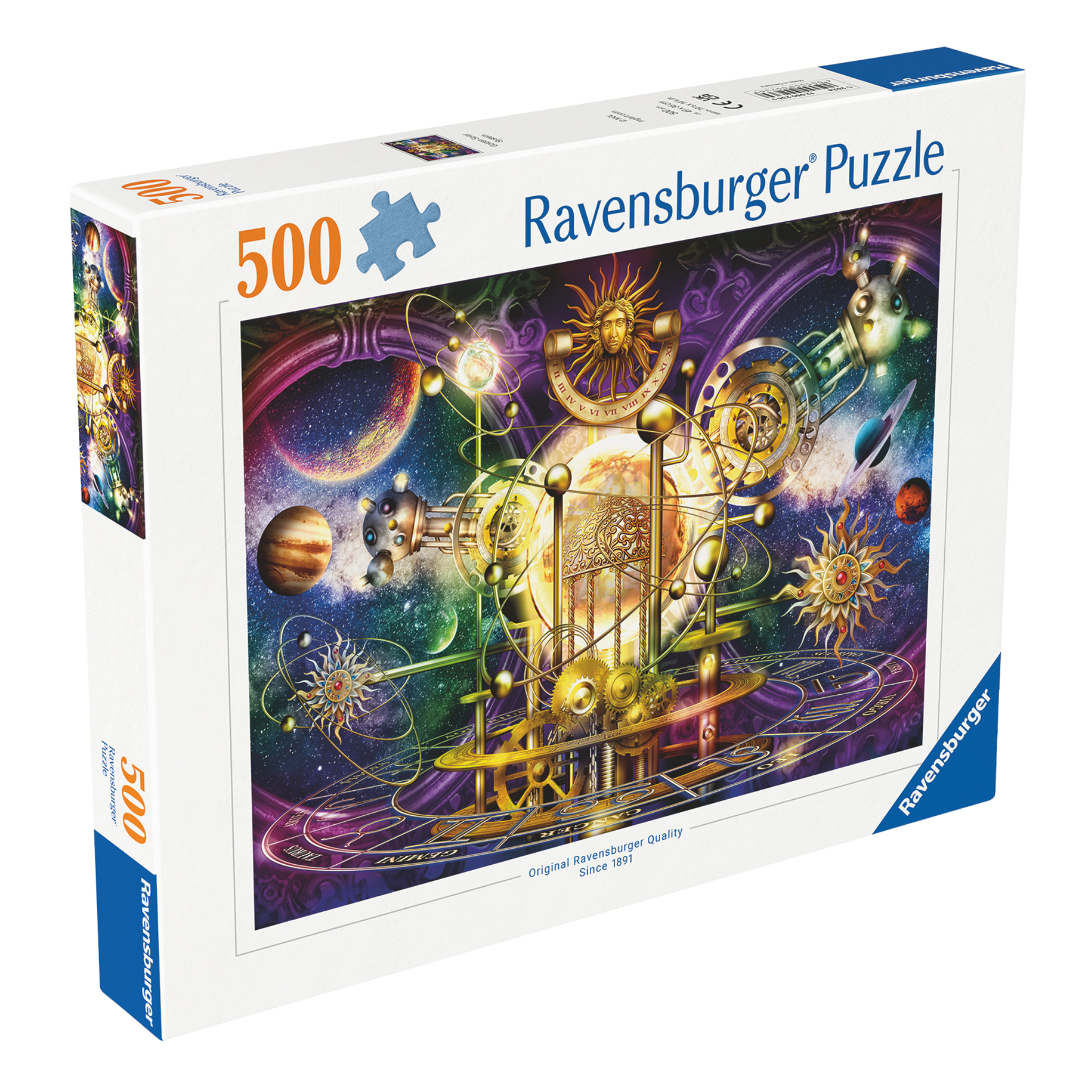 Gyllent Solsystem 500 brikker Ravensburger puslespill eske med gyllen astronomisk maskin motiv