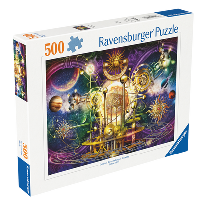 Gyllent Solsystem 500 brikker Ravensburger puslespill eske med gyllen astronomisk maskin motiv