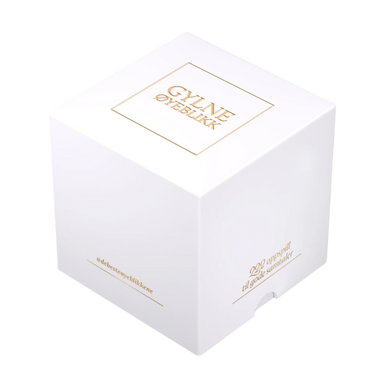 White kubeformet boks for Gylne Øyeblikk, viktige tingene og puslespill