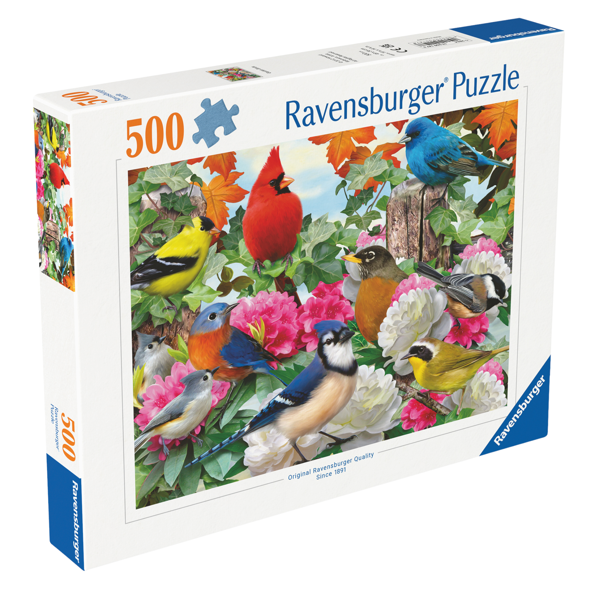 Hagefugler 500 brikker Ravensburger puslespill eske med fargerike hagefugler og blomster motiv