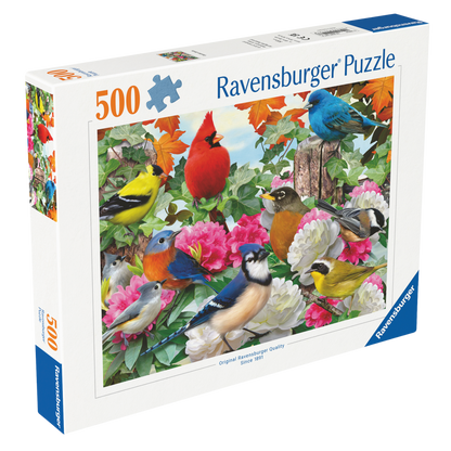 Hagefugler 500 brikker Ravensburger puslespill eske med fargerike hagefugler og blomster motiv