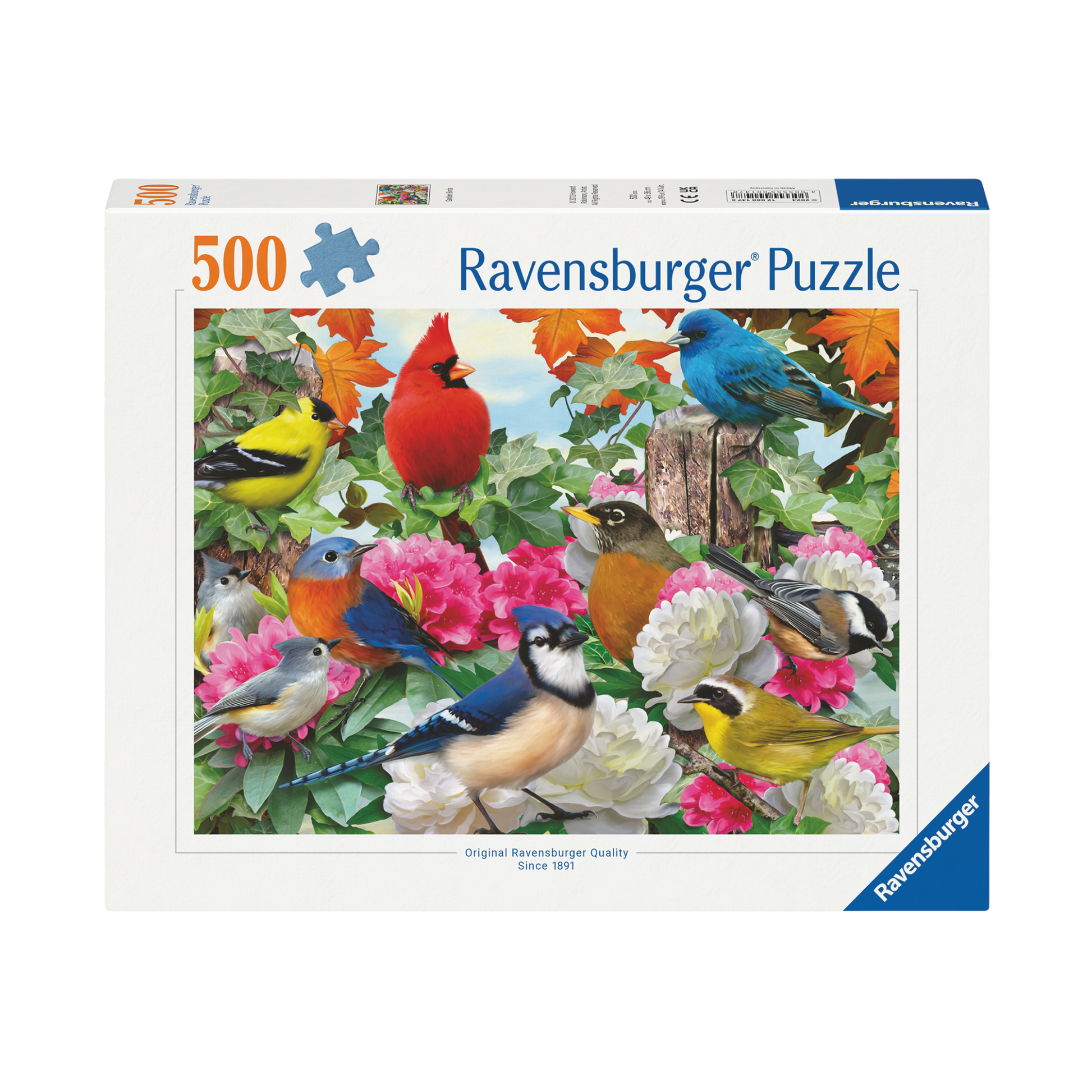 Hagefugler 500 brikker Ravensburger puslespill eske med fargerike hagefugler og blomster motiv
