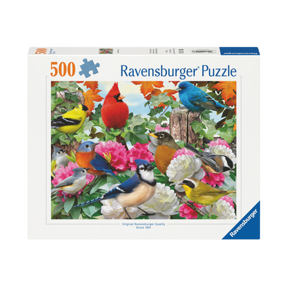 Hagefugler 500 brikker Ravensburger puslespill eske med fargerike hagefugler og blomster motiv