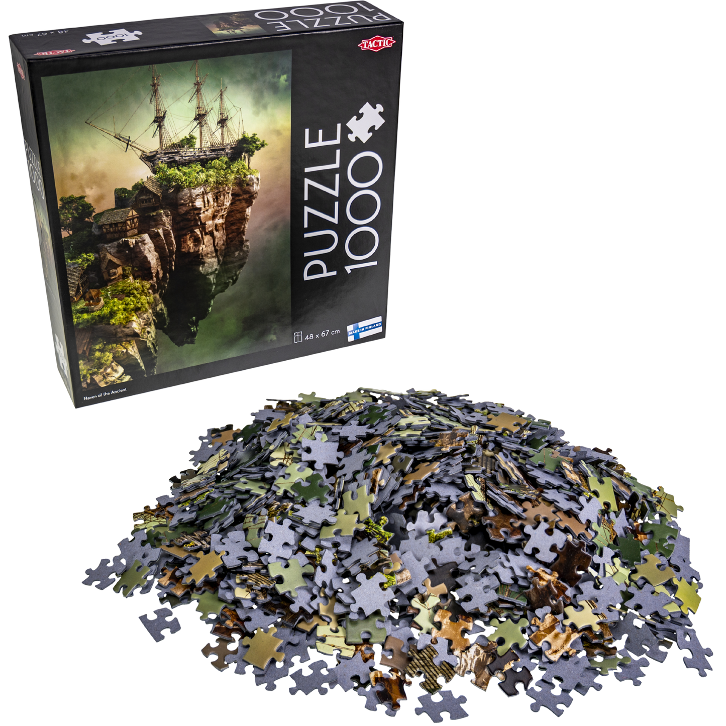 Puslespilleske med fantasy-motiv og brikker liggende foran i en haug