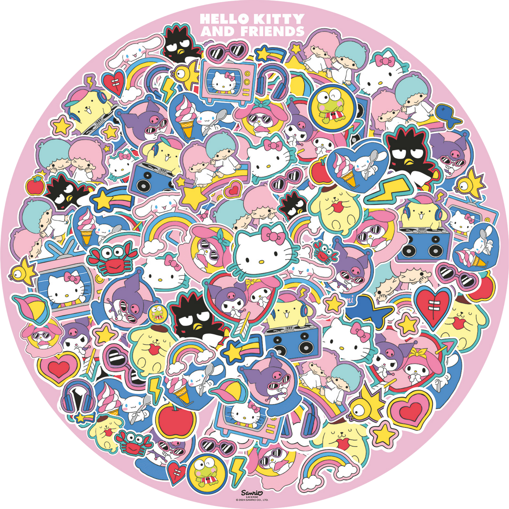 Sirkelformet Hello Kitty illustrasjon med fargerike karakterer og klistremerker i hjerteform