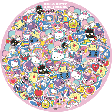 Sirkelformet Hello Kitty illustrasjon med fargerike karakterer og klistremerker i hjerteform