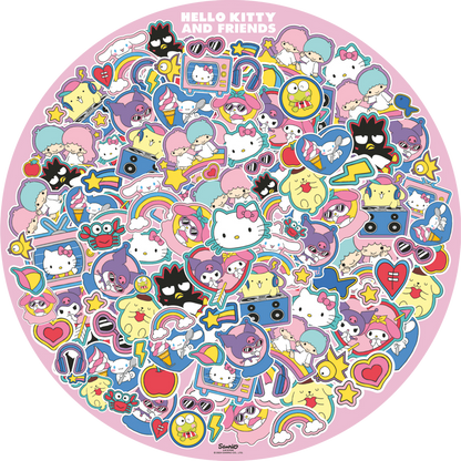Sirkelformet Hello Kitty illustrasjon med fargerike karakterer og klistremerker i hjerteform