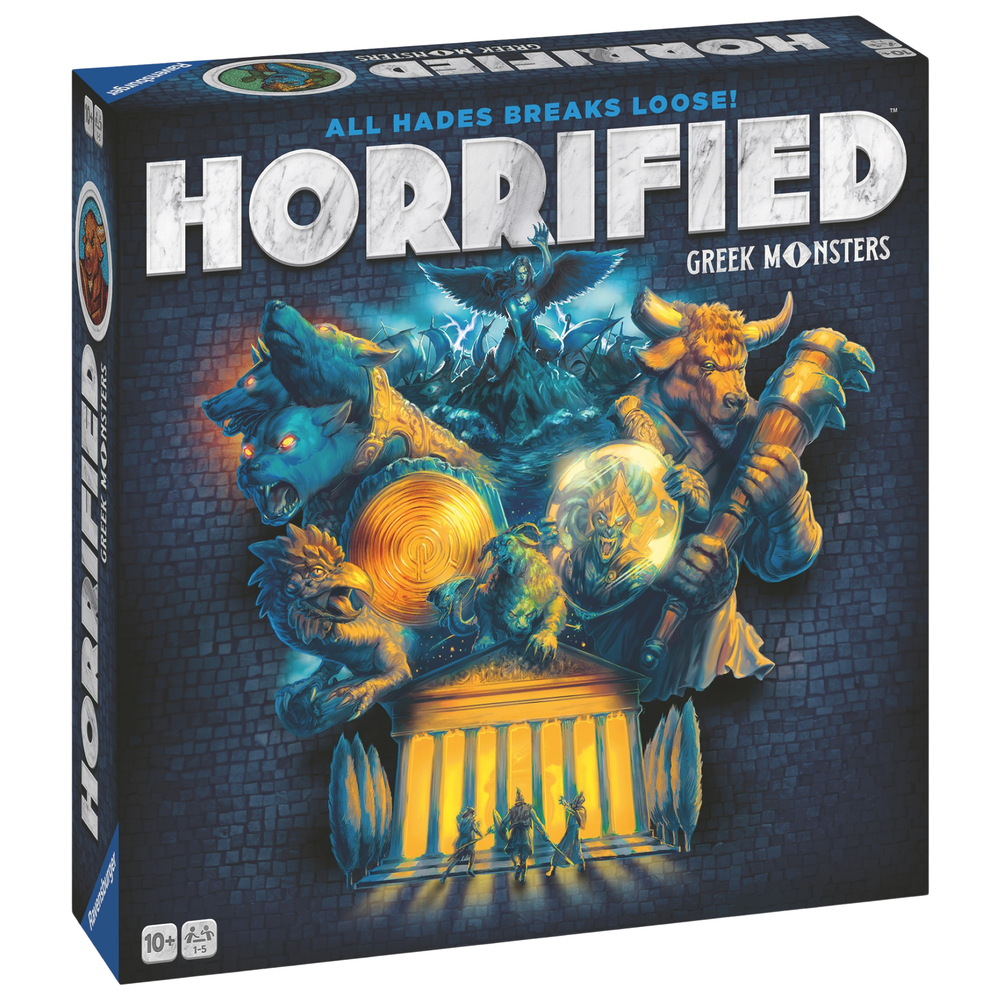Horrified Greek Monsters spilleske med mørk blå design og greske monstre motiv