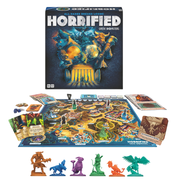 Horrified Greek Monsters spilleske med spillebrett, kort, terninger og fargerike monsterfigurer spredt ut