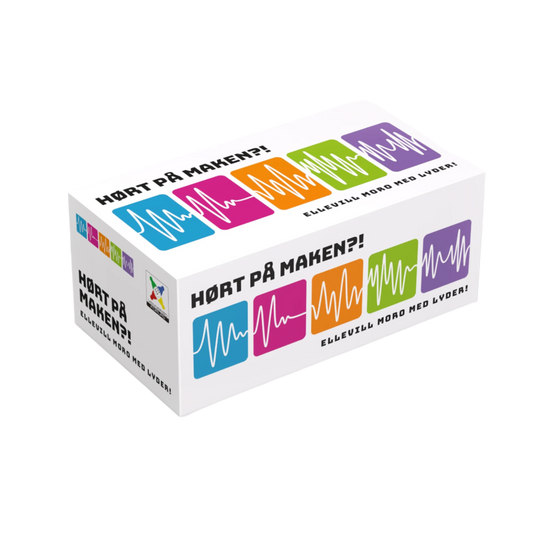 Hørt på maken white box med fargerike lydbølgesymboler for kreative selskapsspill