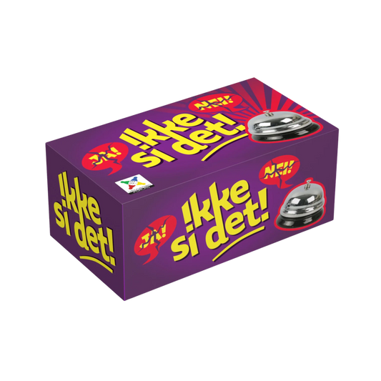 Purple game box med bjeller til Ikke si det! utfordrende brettspill for familie og venner