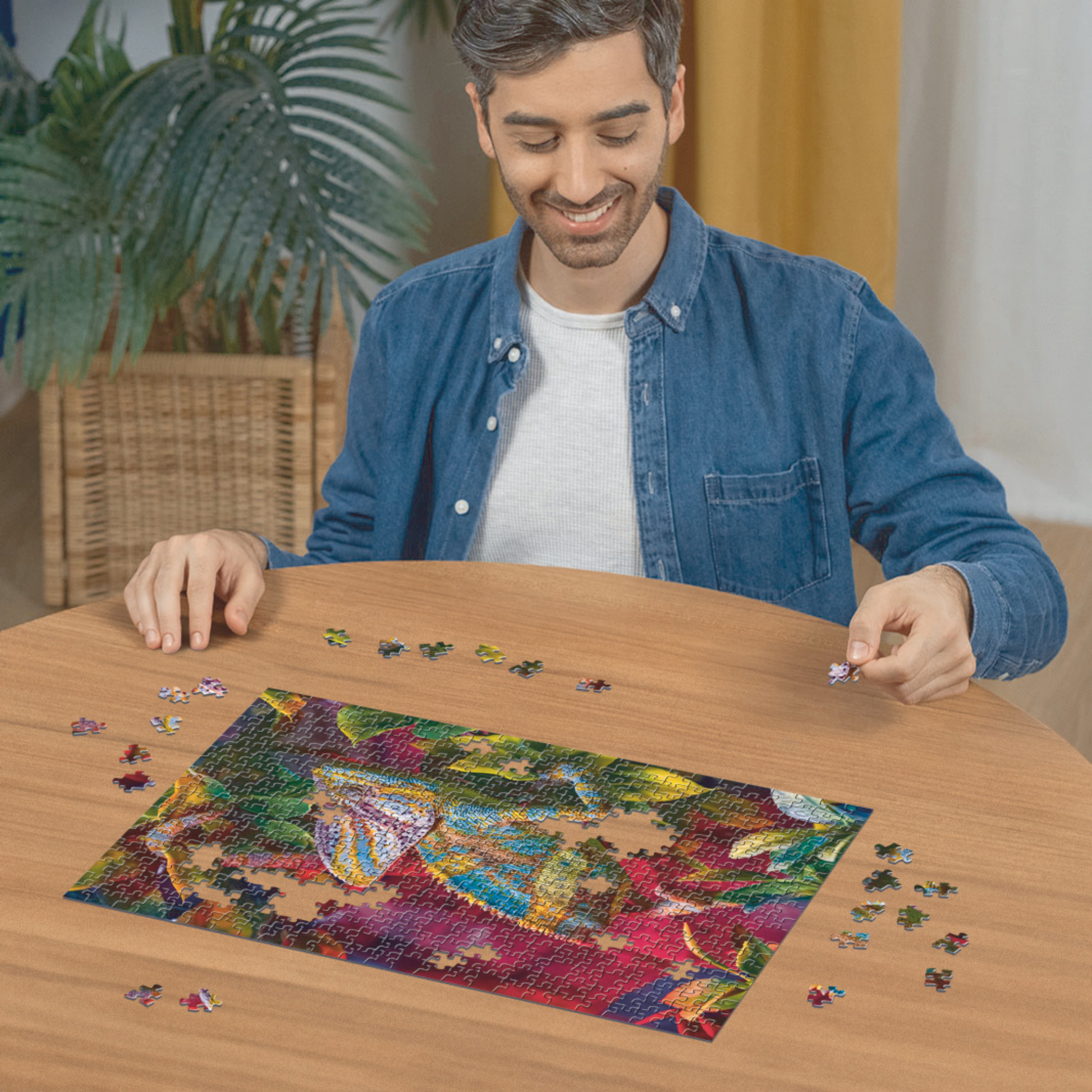 Person pusler Ravensburger puslespill ved trebord med puslespillbrikker spredt rundt