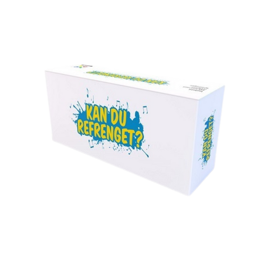 Hvitt rektangulært brettspill med blå tekst i Kan du refrenget? med skandaløse sangprestasjoner