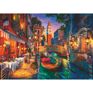 Venezia kanal illustrasjon med gondol, fargerike bygninger og romantisk kveldslys