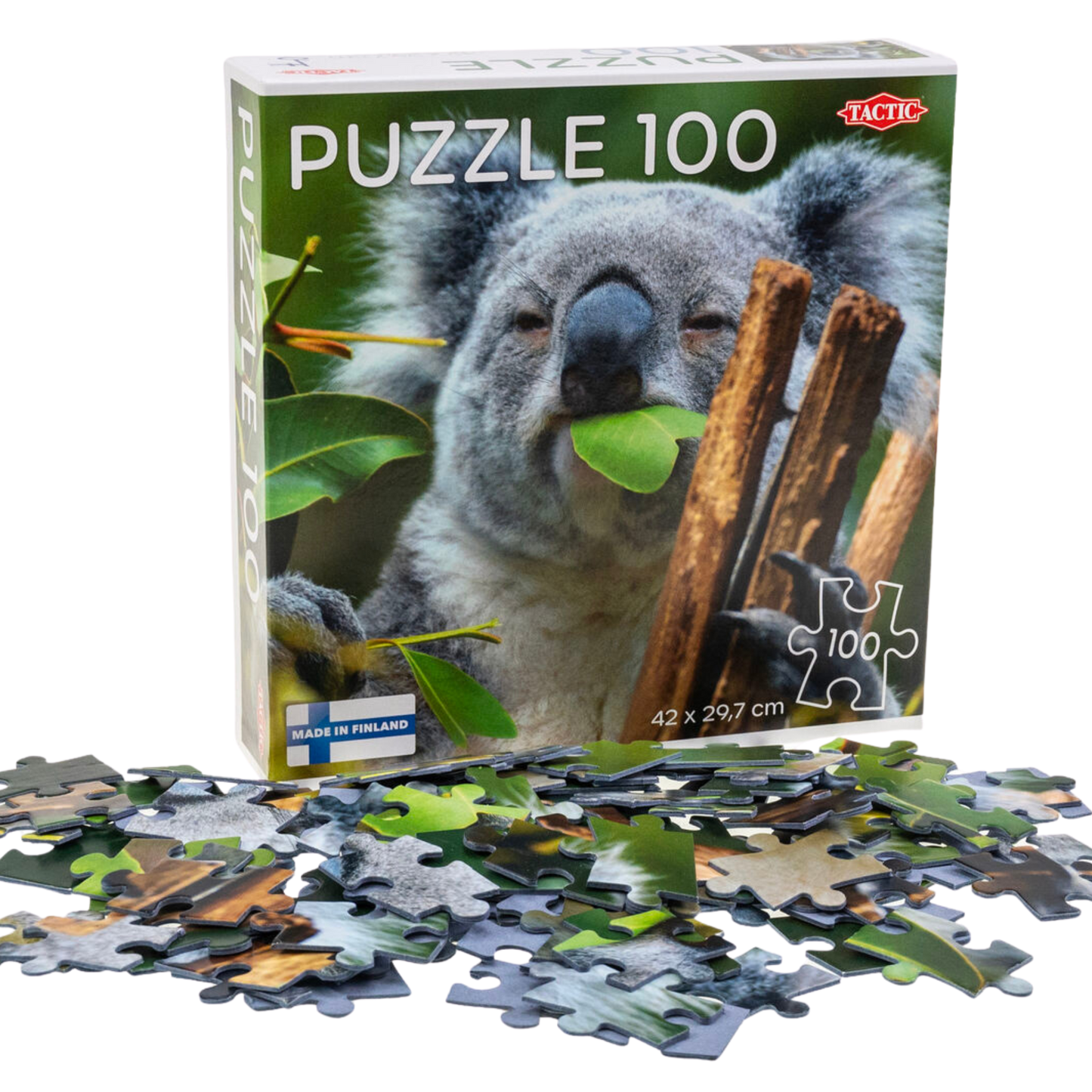 Koala at Lone Pine puslespill eske med usorterte puslespillbrikker spredt rundt