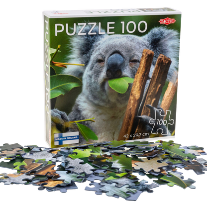 Koala at Lone Pine puslespill eske med usorterte puslespillbrikker spredt rundt