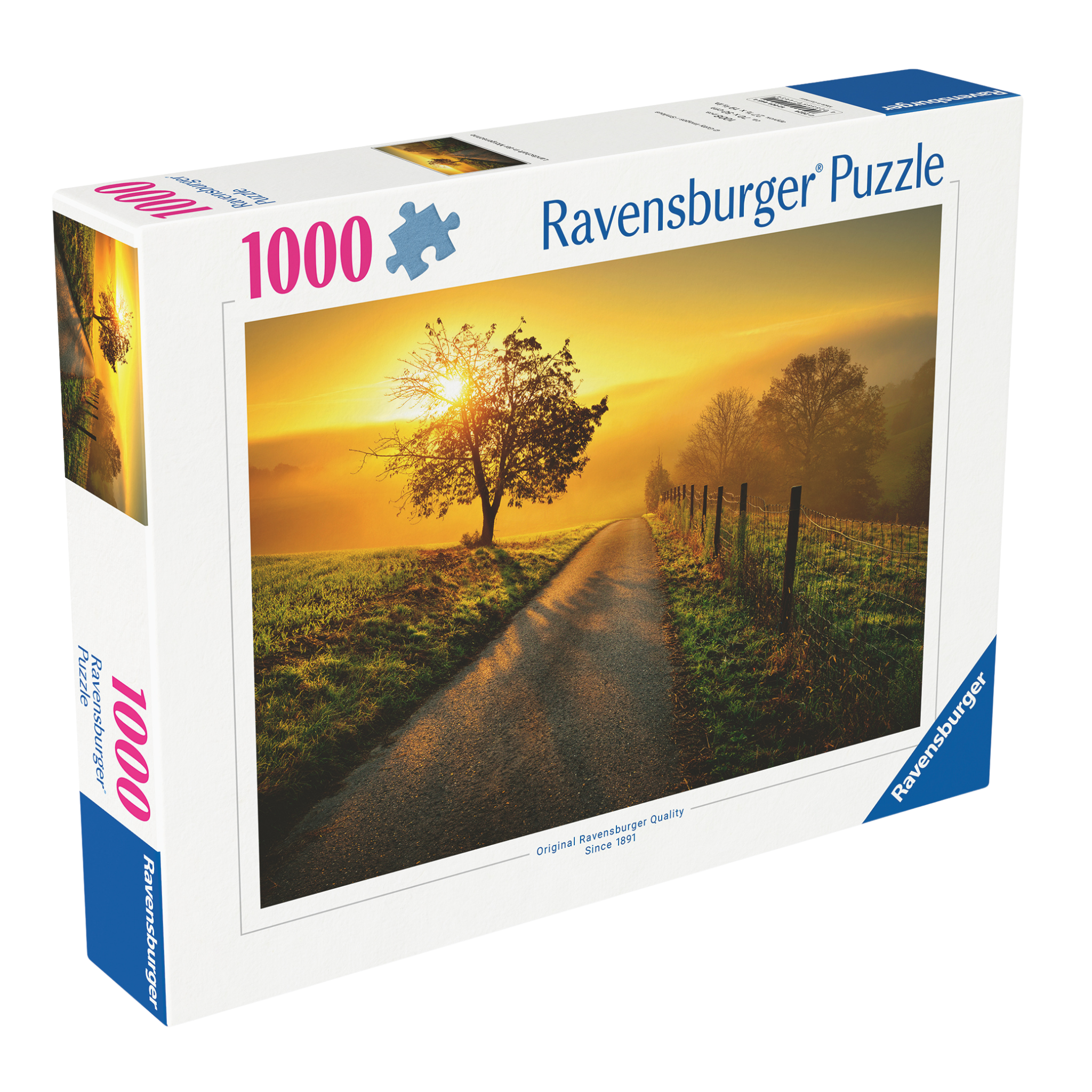 Landskap i Morgensol 1000 brikker Ravensburger puslespill eske med soloppgang landskap motiv