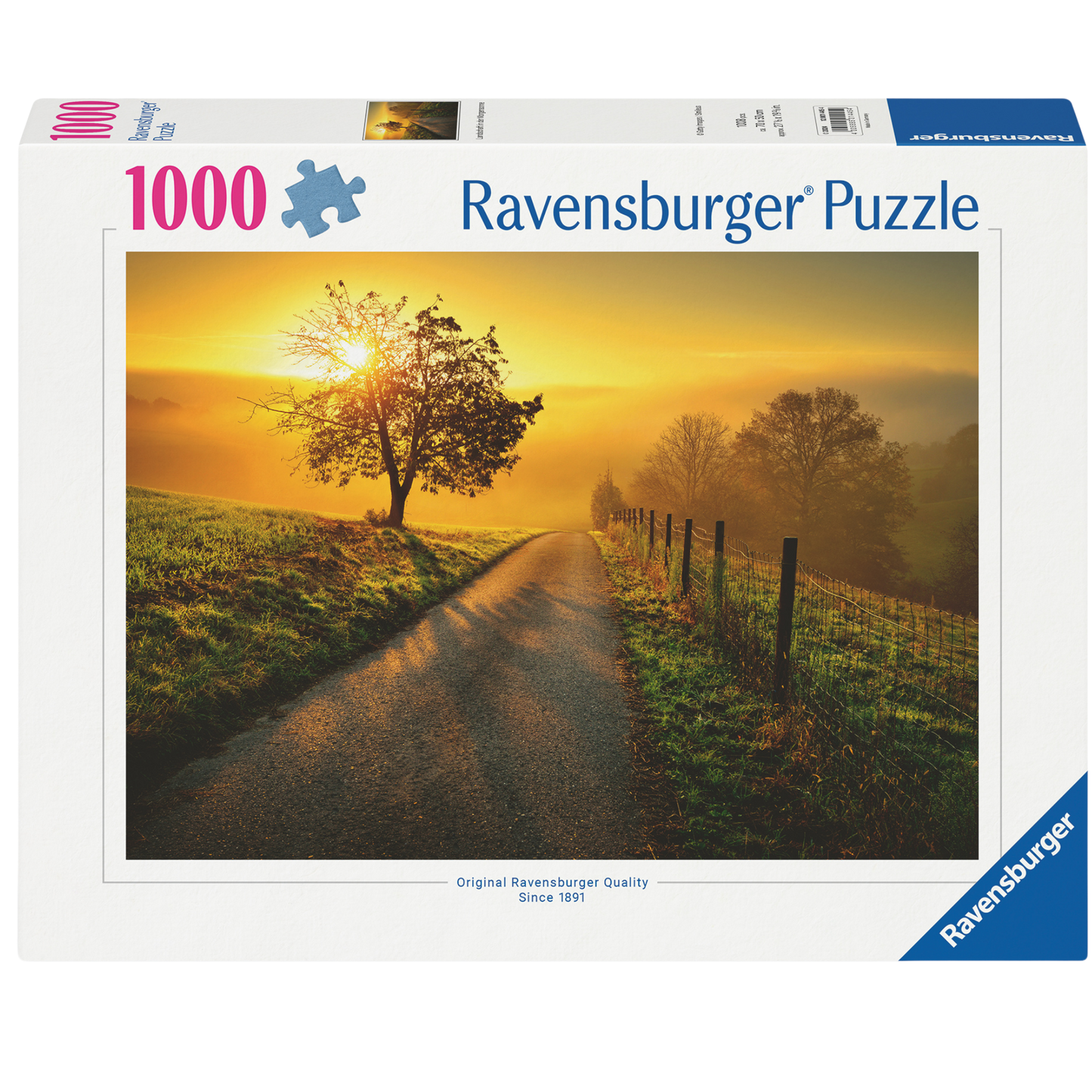 Landskap i Morgensol 1000 brikker Ravensburger puslespill eske med soloppgang landskap motiv