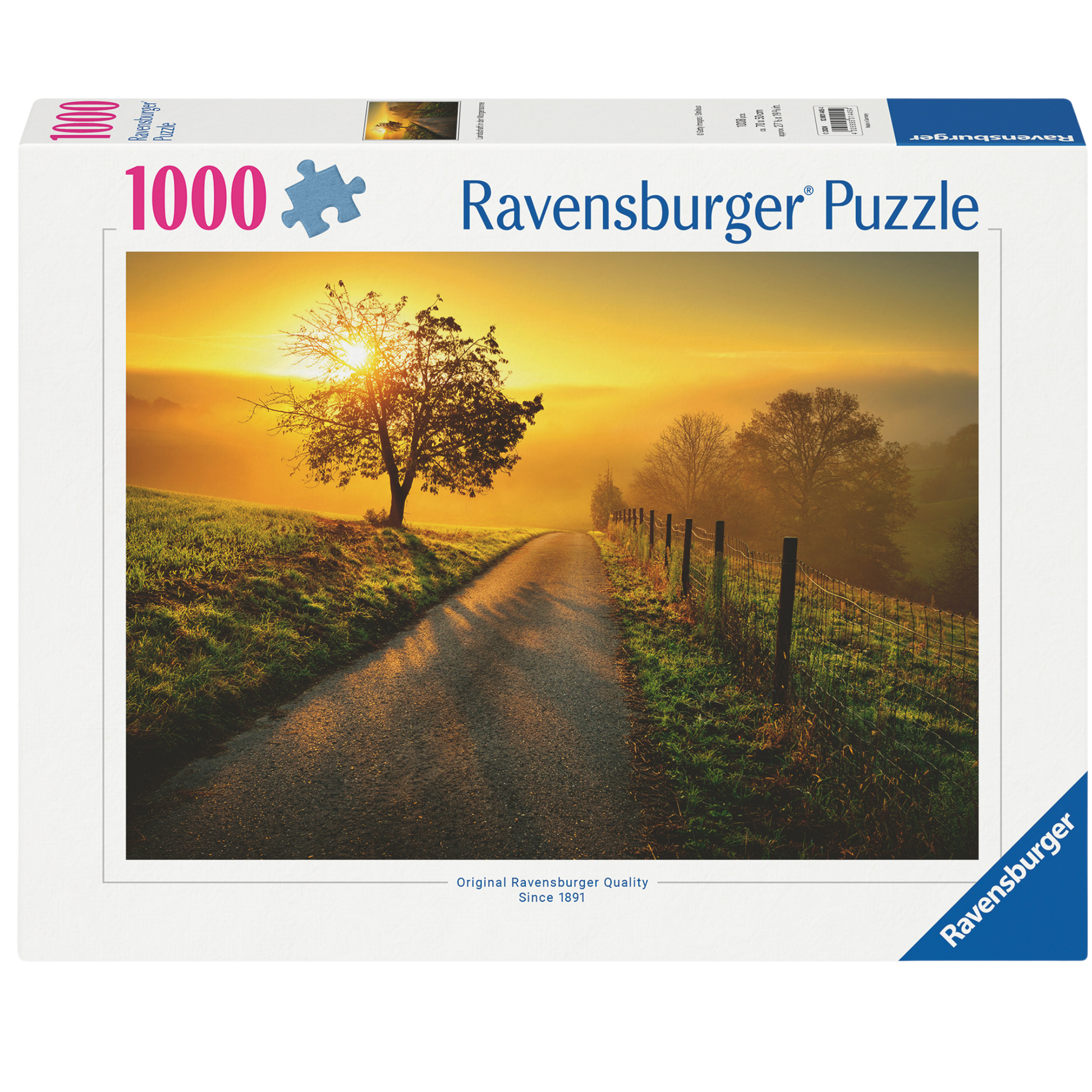Landskap i Morgensol 1000 brikker Ravensburger puslespill eske med soloppgang landskap motiv